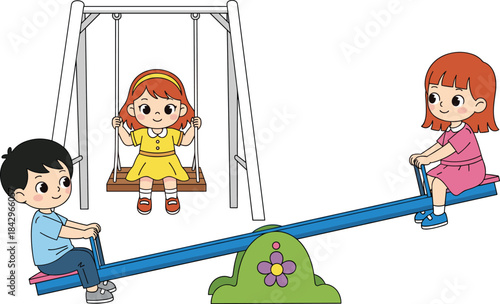 Children playing in playground, swing and seesaw, outdoor fun, colorful park activity, happy kids, summer recreation, flat vector illustration