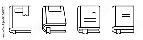 A collection of four simple line art icons depicting closed books with bookmarks. Vector