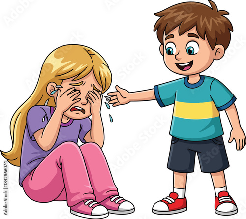 Sad girl crying, comforting boy, emotional support, empathy moment, childhood feelings, kindness gesture, cartoon kids, flat vector illustration