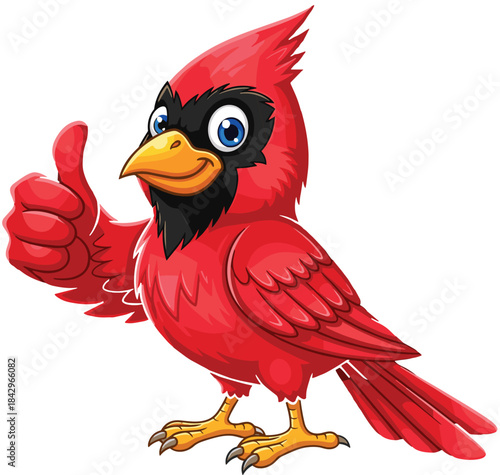 Cartoon cardinal bird thumbs up, red feathers, cheerful character, cute animal mascot, positive gesture, vector clipart, flat vector illustration