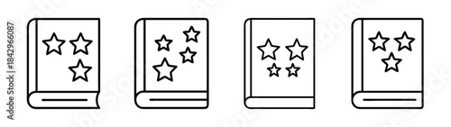 Simple line art icons showing a closed book with stars, representing fantasy or review concepts Vector