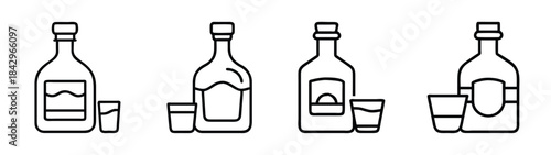 Minimalist line art icons of liquor bottles and shot glasses for bar menus and apps Vector