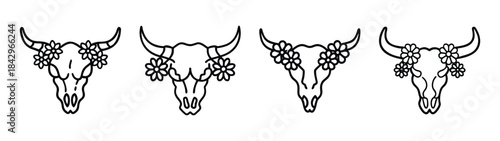 A minimalist line art illustration set featuring four different bull skull designs with floral decorations Vector