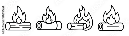 Simple line art illustration showing four variations of a burning campfire icon Vector