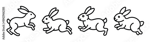 A simple line art illustration depicting four rabbits running or hopping in a sequence Vector