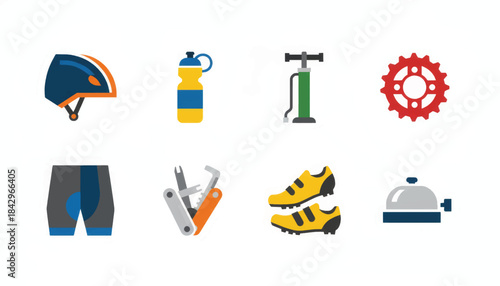 Bicycle gear and cycling accessories icon set. Colorful flat design vector illustrations. Collection of equipment for sport and recreation isolated on white background