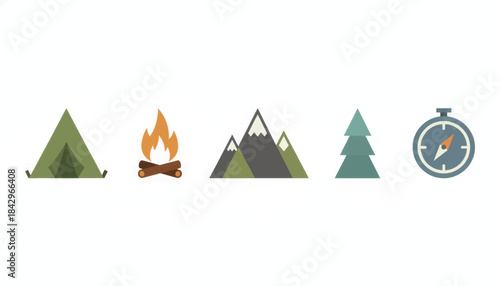 Camping adventure icon set. A collection of simple flat icons for outdoor activities. Vector illustration of a tent, campfire, mountain, tree, and compass