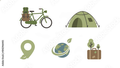 Eco travel icon set for sustainable tourism. Flat design vector illustrations of camping, cycling, and nature adventure. Green conservation symbols isolated on a white background