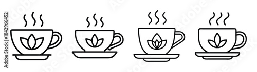 A set of four hot beverage icons featuring a lotus flower design on teacups with rising steam Vector