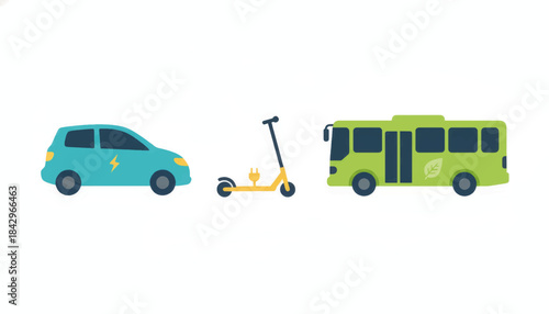 Eco friendly transportation icon set. Flat design collection of an electric car, scooter, and bus. Sustainable mobility vector illustration