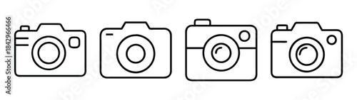 A collection of four black and white line art icons depicting various camera designs for photography Vector