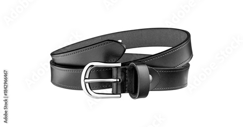Horizontal close-up of a black leather belt showing texture, stitching, and metal buckle. Ideal for backgrounds, mockups, and design templates.