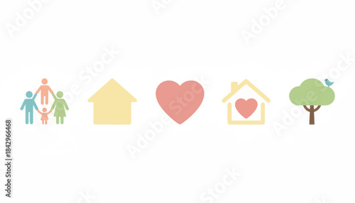 A collection of simple icons for family well-being. Flat design symbols of a home, heart, and tree. Minimalist vector graphic