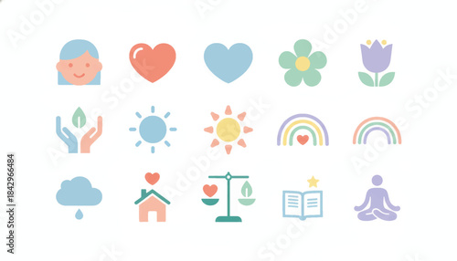 Happiness and well-being icon set. Simple flat design symbols for mental health and self-care. Pastel vector illustration collection