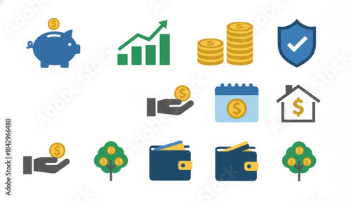Financial well-being icon set. A collection of simple flat icons for finance and savings. Vector illustration for banking and investment concepts