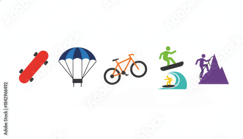 A collection of extreme sports icons in a flat design style. Vector symbols for adventure activities. Includes skateboarding, parachuting, biking, snowboarding, surfing, and rock climbing