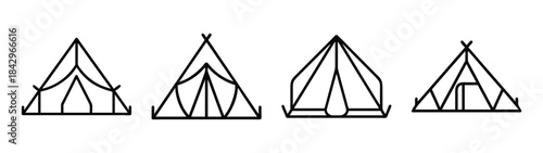 Simple black line art illustrations of various tent shapes for camping icons Vector
