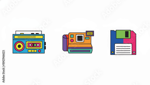 Retro gadget icon set with a boombox, instant camera, and floppy disk. Vintage 80s and 90s technology illustration. Colorful flat vector design