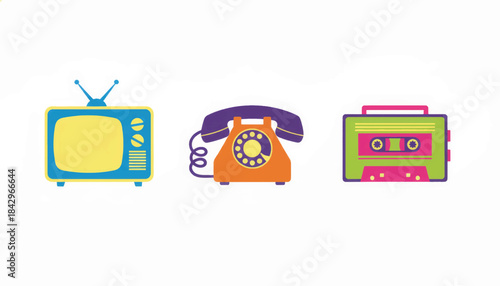 Retro technology icon set. Vintage television, rotary phone, and cassette player illustrations. Colorful flat design vector graphic