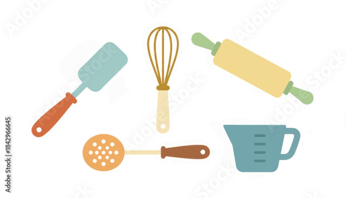 Retro kitchen utensil icon set. A collection of simple flat design illustrations for cooking and baking. Vector graphic tools isolated on a white background.