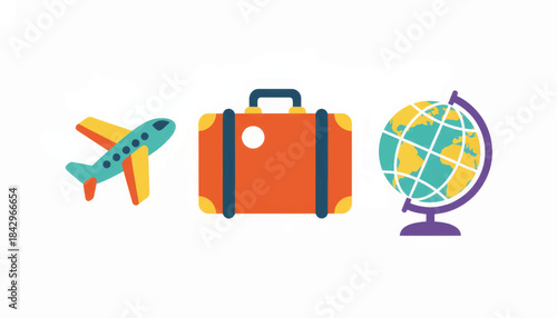 A retro travel icon set. A collection of simple vintage icons featuring an airplane, suitcase, and world globe. Flat design vector illustration