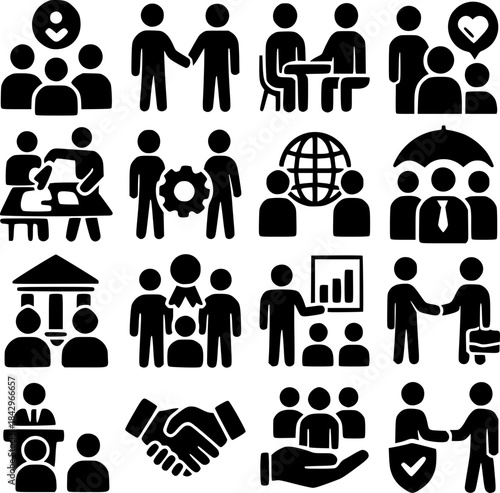 Business cooperation and partnership icon set of 16 solid vector symbols, teamwork meeting negotiation support and corporate collaboration on white