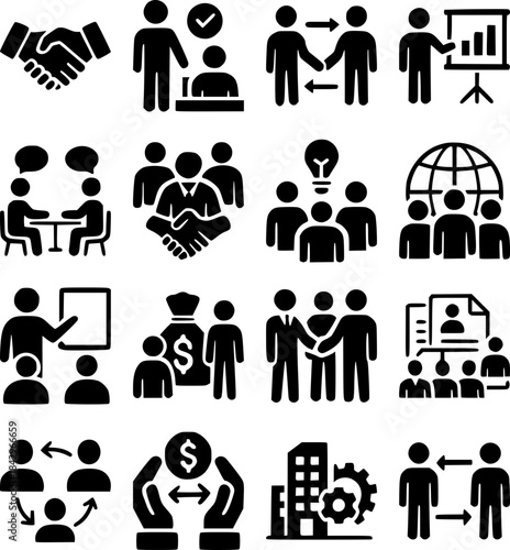 Business cooperation and partnership icon set of 16 solid vector symbols on white background, handshake teamwork agreement meeting and strategy