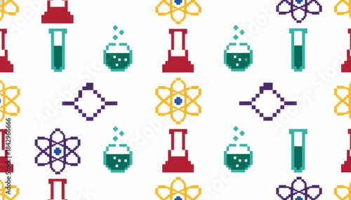 Science pixel art seamless pattern. Retro 8-bit vector illustration of chemistry and lab icons. Atom and test tube background design