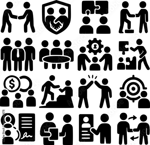 Business cooperation and partnership icon set with 16 solid vector symbols, handshake alliance puzzle teamwork contract target and collaboration