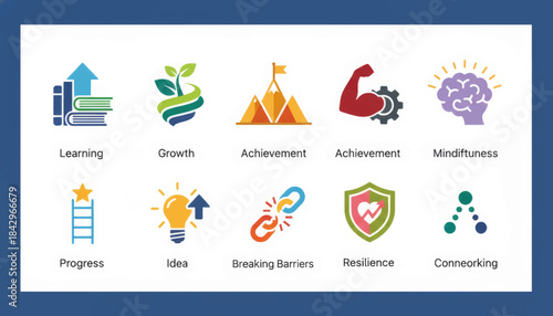Self-improvement icon set. Flat vector symbols for personal development, growth, and achievement. Colorful illustrations for motivation and success concepts