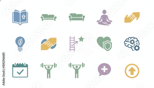 Self-help and personal development icon set. Flat vector symbols for well-being and mental health. A collection of simple glyphs for lifestyle and motivation concepts