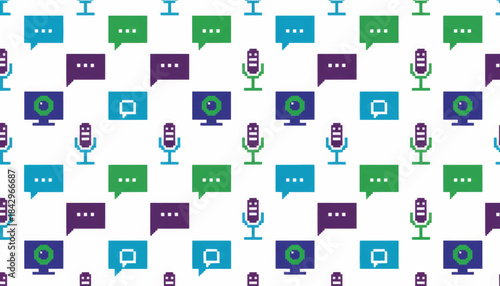 Streamer gaming pixel art seamless pattern. Retro 8-bit video game background with microphones, chat bubbles and monitors. Vector illustration of online broadcasting icons
