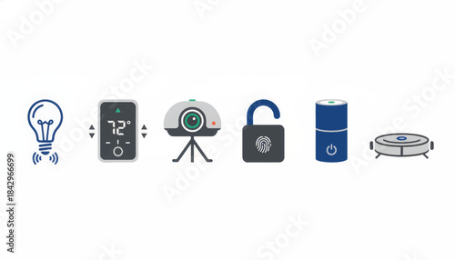 Smart home technology icon set. A collection of flat design symbols for home automation. Vector illustration of connected IoT devices.