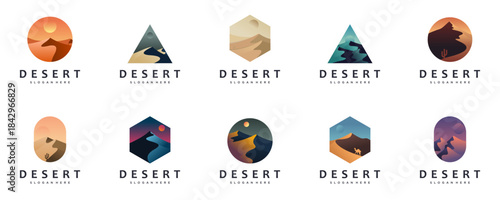 collection of desert logos, nature explorers, the great outdoors, tourist destinations, vector design templates.