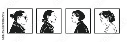 Four diverse women profile portraits in black and white line art style