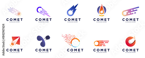 collection of comet logos, outer space objects, science, education, observation, graphic design templates.