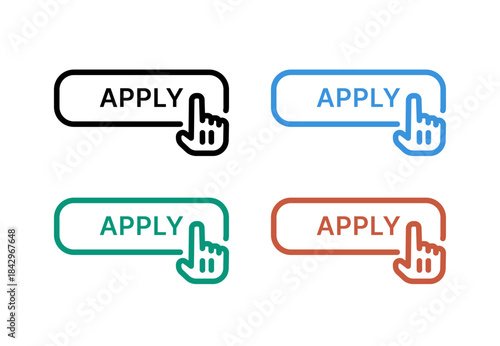 Apply icon. Click Here Button with pointer clicking. Web button set. Vector linear icon isolated in black, green, blue