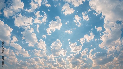 Fototapeta Naklejka Na Ścianę i Meble -  Cloudy sky with scattered clouds during daytime, blue sky, and sunlight.