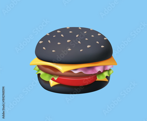 Delicious black burger with contrasting ingredients creating a visually appealing culinary experience. Fast food 3D