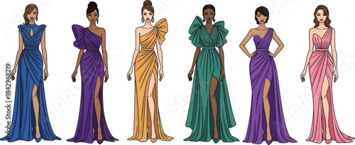 Minimalist cad style women fashion illustration set elegant gowns for cad projects isolated on transparent background