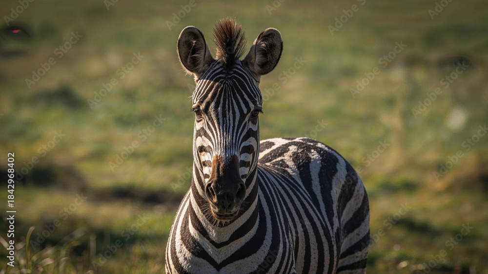 Obraz premium A young zebra with black and white stripes standing in a grassy savannah landscape.