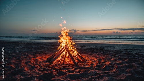A campfire burning on the beach during sunset or sunrise.