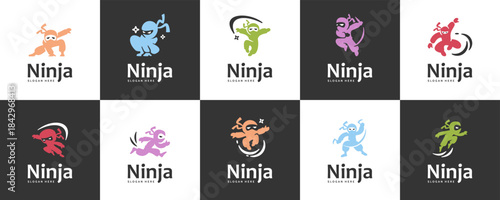 collection of cute ninja icons, warrior symbols, cute cartoon style, friendly, graphic vector illustration.