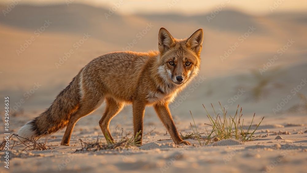Obraz premium A fox in the desert landscape with dunes and sparse vegetation. Wildlife and nature concept. Animals and habitat. The idea of wilderness and natural environment.