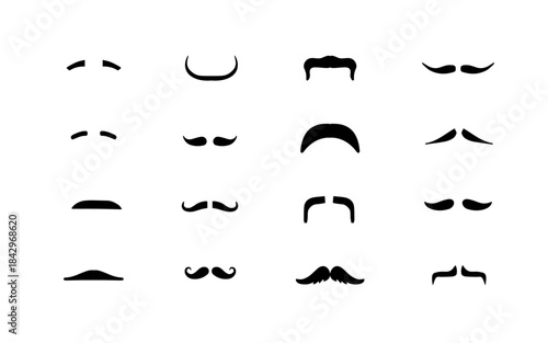 Different styles of moustaches, creative clipart in black silhouettes. Facial hair styling for men