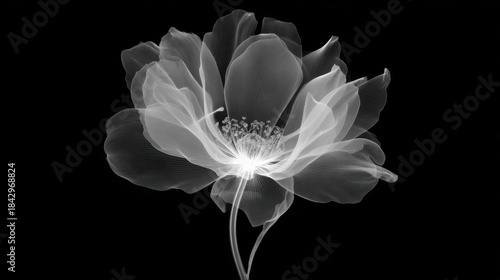 Delicate x-ray floral illustration revealing translucent petals and botanical structure on a dark background