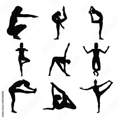 
Female silhouettes in sports and stretching poses