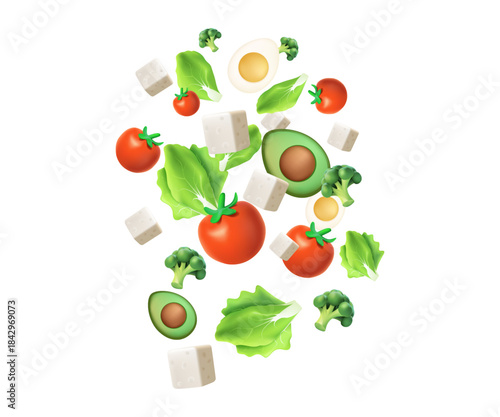 3D Salad falling cartoon vector illustration. Flying salad with red tomatoes, cheese, cucumber, spinach and lettuce concept. Fresh salad leaves. Popular culinary leaf set for cooking. Green Lettuce
