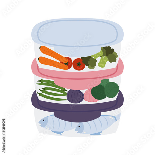 Healthy food. Food containers organized with vegetables and fish, healthy meal prep. 