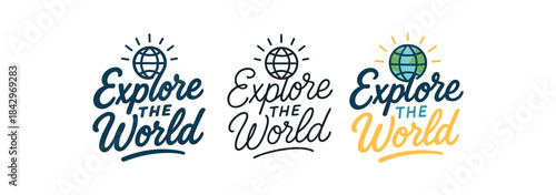 lettering icons three lettering designs with phrase explore the world one flat solid monochrome one thin black outline black and white one full color flat icon